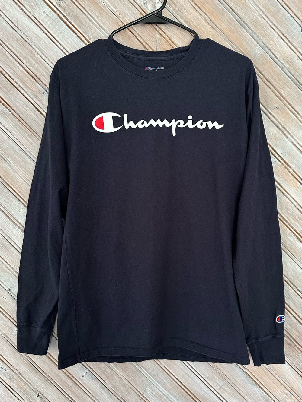 Champion Navy Blue Long Sleeve Tee with White & Red Logo Embroidered Cuff